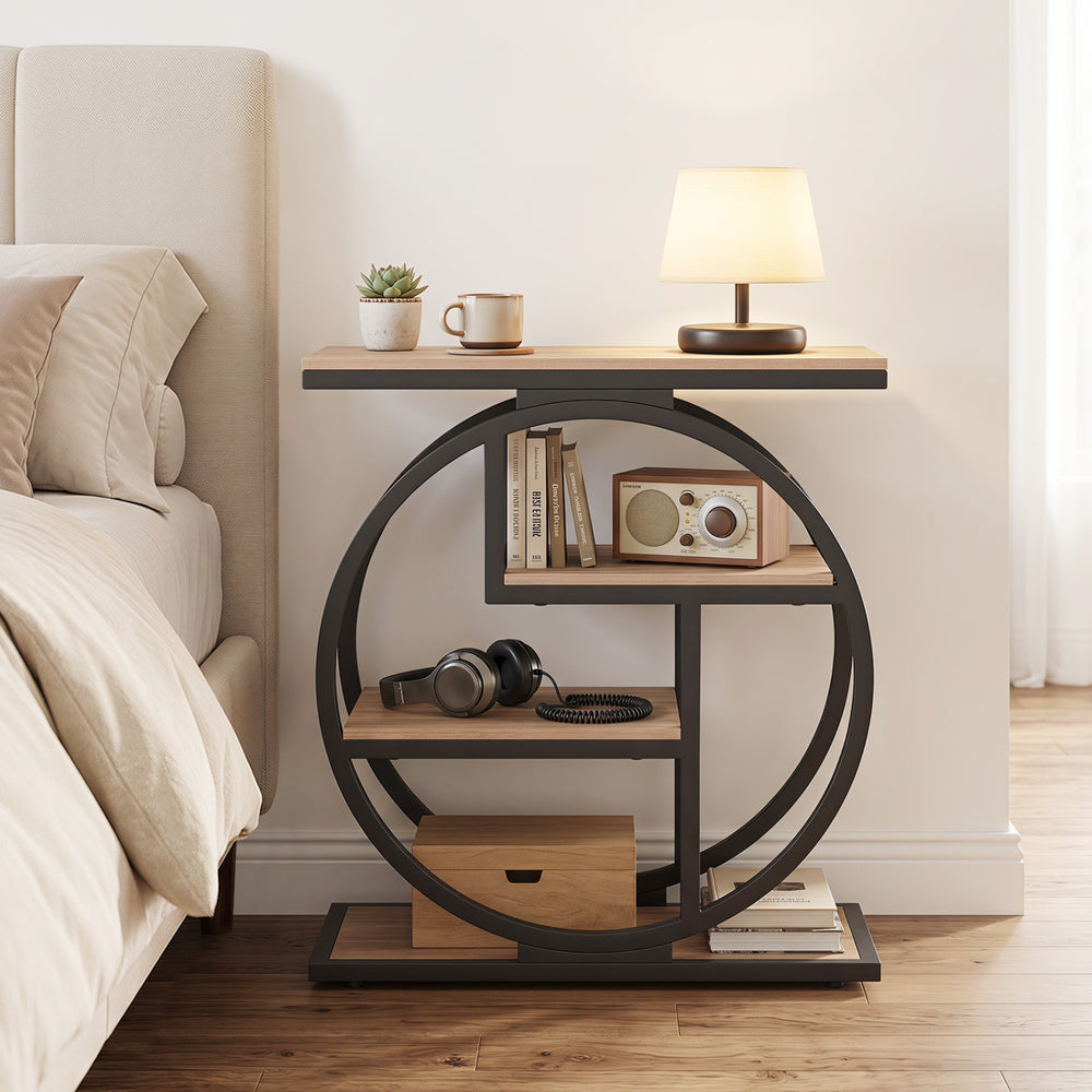 Narrow gray end table with geometric metal frame and storage shelves, ideal for small spaces and modern decor.