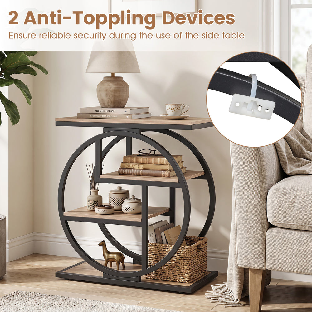 4-tier narrow end table in gray features a geometric metal frame, anti-toppling devices, and storage shelves for small spaces.