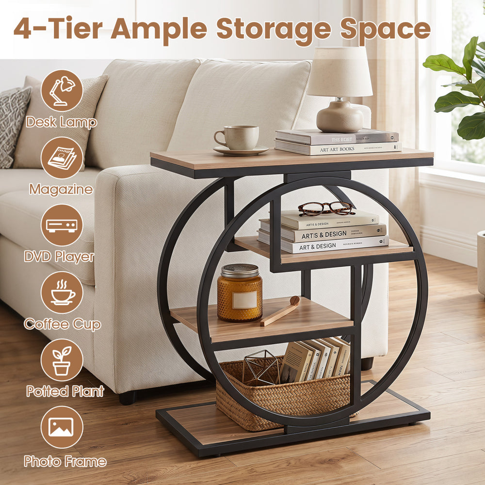Narrow gray end table with 4 tiers and geometric metal frame, perfect for small spaces and stylish storage solutions.