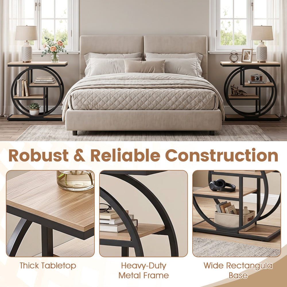 Narrow gray end table with a thick tabletop, heavy-duty metal frame, and storage shelves for small spaces.