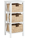 Narrow 4-tier nightstand in white with 3 seagrass baskets, ideal for organized storage in living room or bedroom.