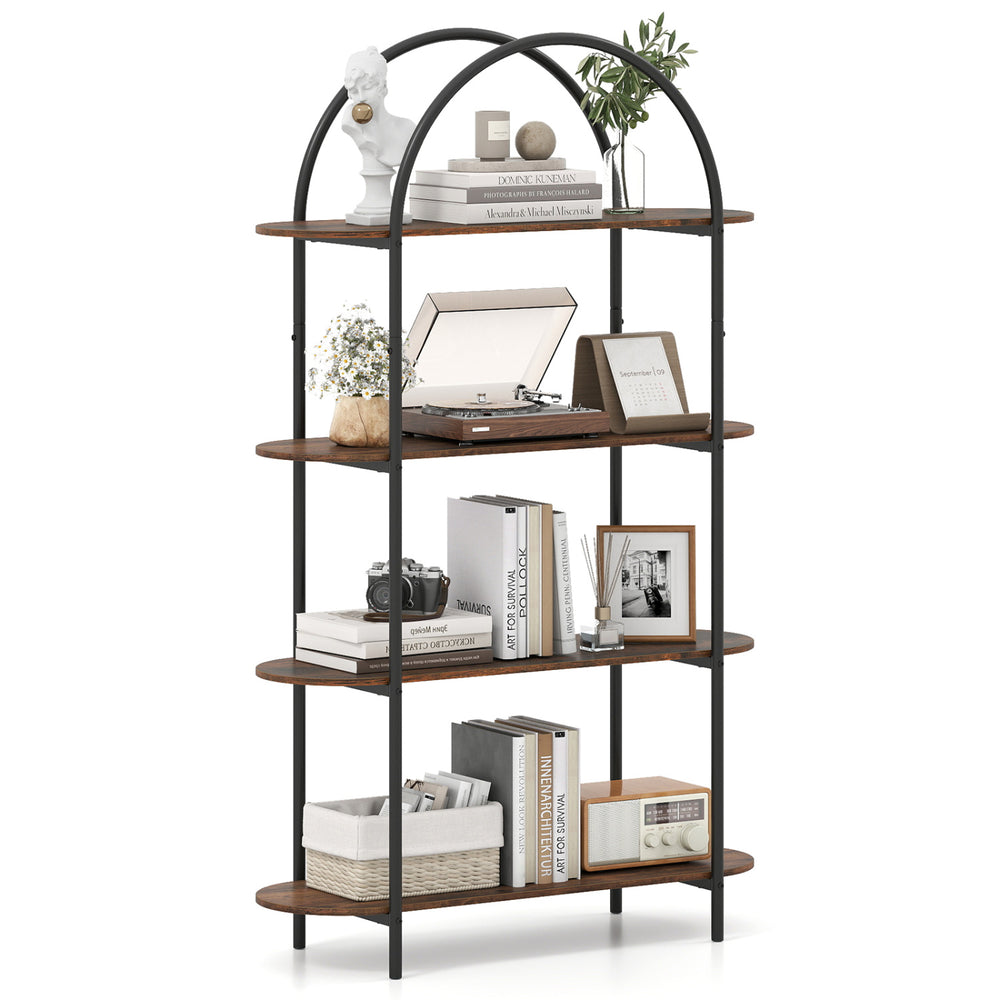 4-tier open bookcase in rustic brown with arched design and sturdy metal frame, perfect for living room organization.