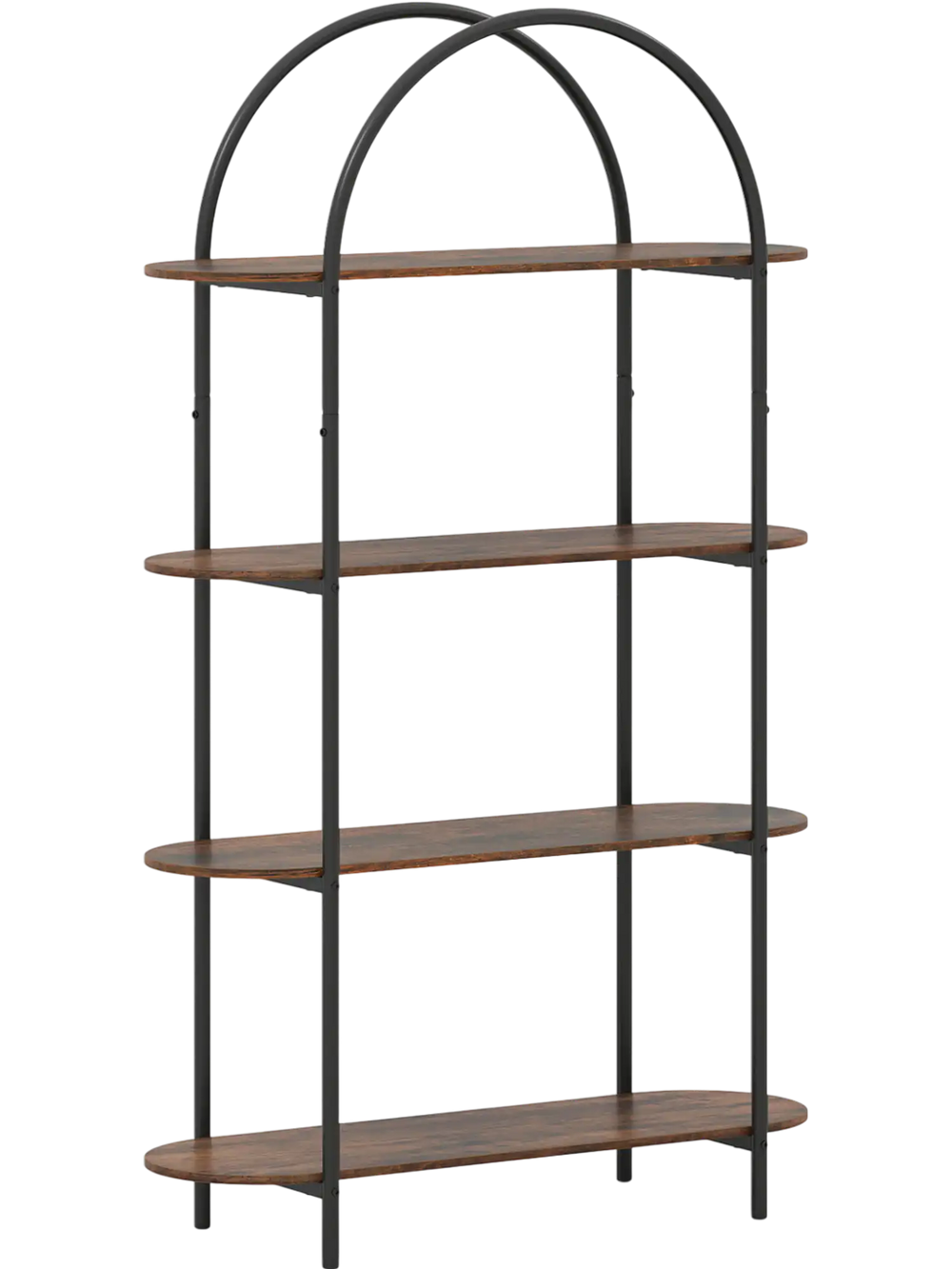 4-tier open bookcase with rustic brown shelves and sturdy metal frame, featuring an arched design for stylish home.
