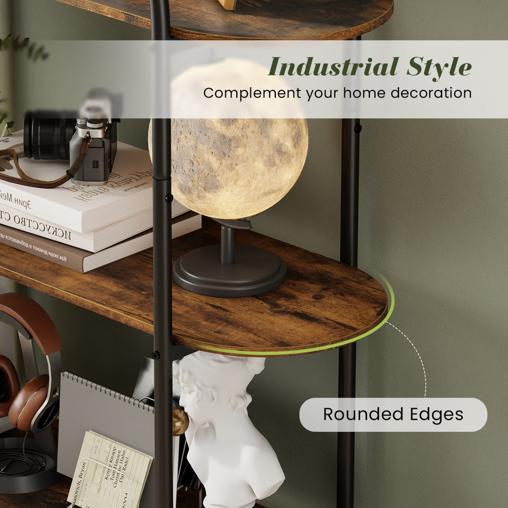 4-tier open bookcase in rustic brown with sturdy metal frame, featuring rounded edges for safety and industrial style.