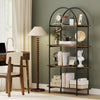 4-tier open bookcase with arched design and sturdy metal frame in rustic brown, ideal for living room organization.