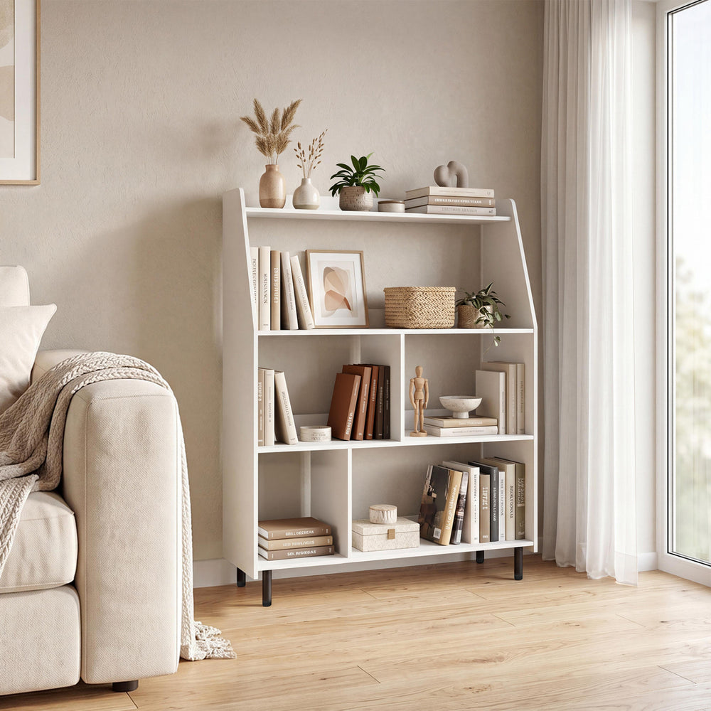 Modern 4-tier open bookcase in white with 4 cubes for books and decor, ideal for living room or office use.