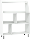 Modern 4-tier open bookcase in white with 4 cubes and anti-tipping kits, ideal for organizing books and decorations.