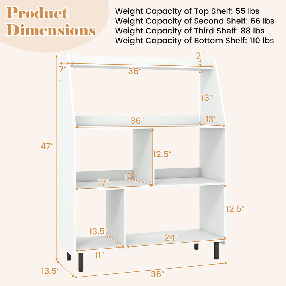 4-tier open modern bookcase in white with anti-tipping kits, featuring 4 open cubes for versatile storage and display.