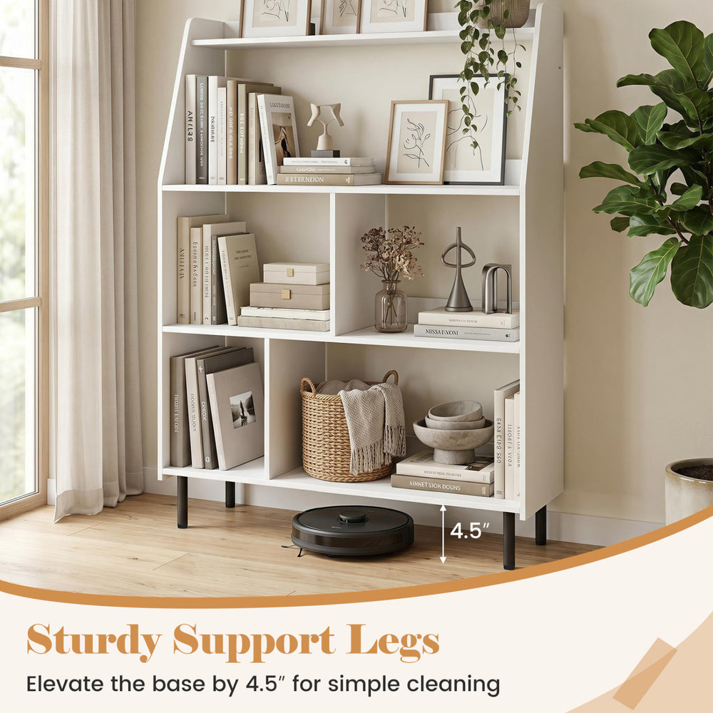 4-tier open modern bookcase in white with sturdy support legs and 4.5" raised base for easy cleaning and organization.