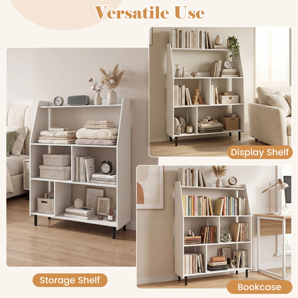 4-tier open modern bookcase in white with adjustable feet, ideal for organizing books and decorations in any room.