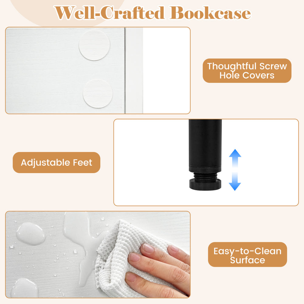 Close-up of the adjustable feet and easy-to-clean surface of the 4-tier open modern bookcase in white.