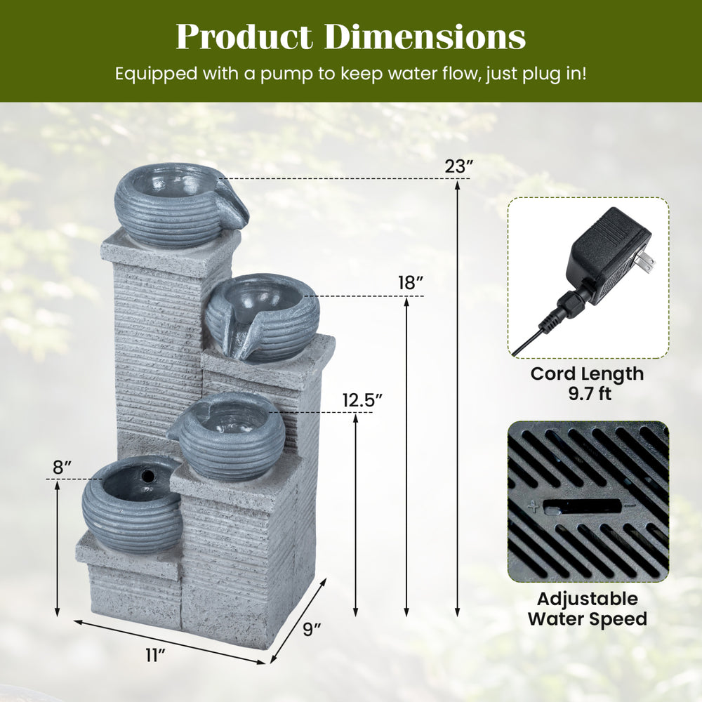 4-tier outdoor water fountain with cascading bowls, LED lights, and adjustable water speed for a calming atmosphere.