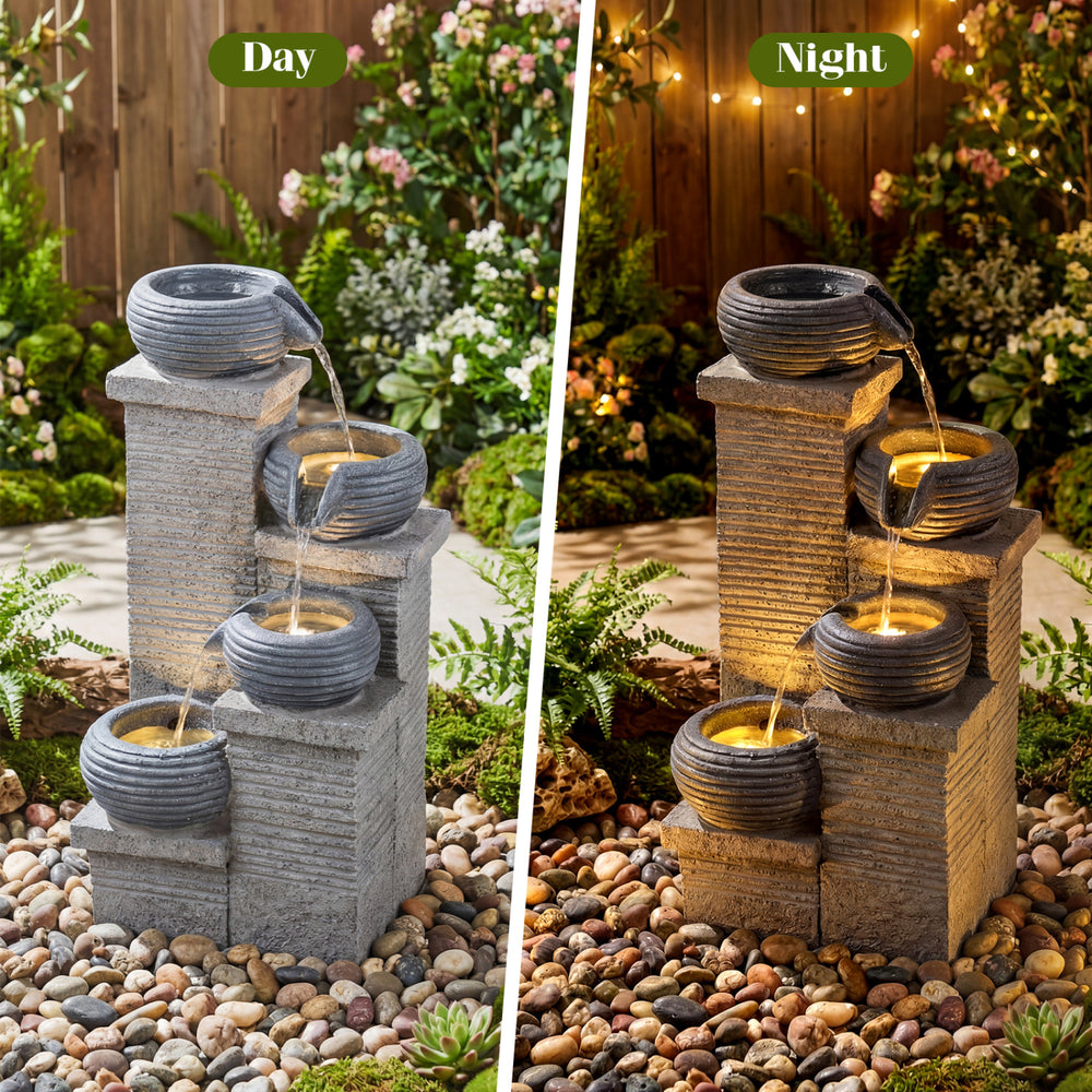 Cascading bowl water fountain with LED lights, displaying vibrant water flow and elegant design for serene outdoor.
