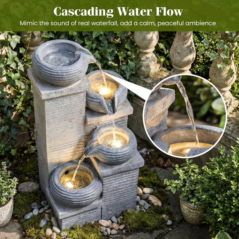 Cascading bowl water fountain with LED lights, creating a peaceful ambiance for outdoor relaxation.