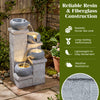4-tier outdoor water fountain with cascading bowls and LED lights, made of durable resin and fiberglass for lasting.