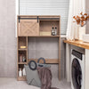 4-tier over-the-toilet storage cabinet in brown with sliding barn door, ideal for bathroom organization and easy access.