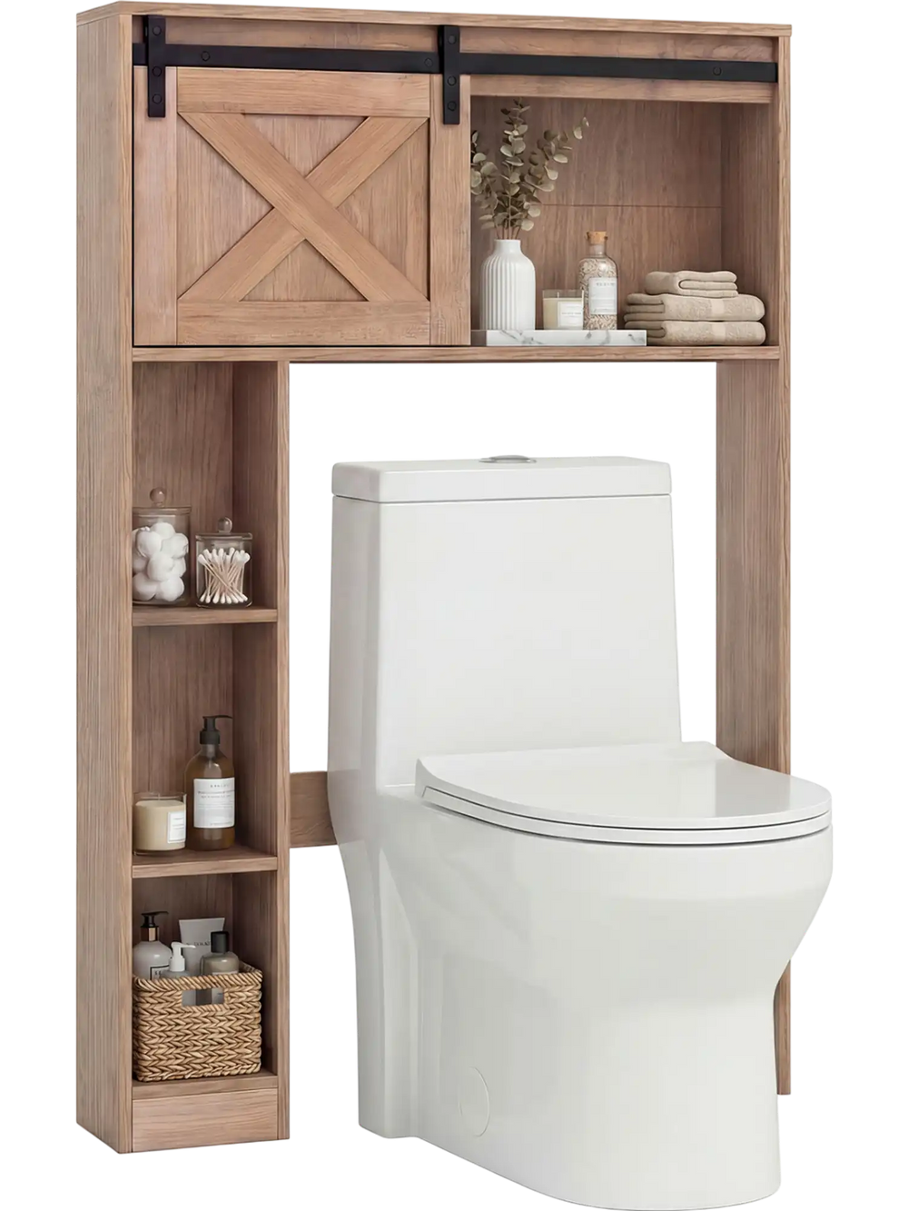 4-tier over the toilet storage cabinet in brown with a sliding barn door and shelves for organized bathroom storage.