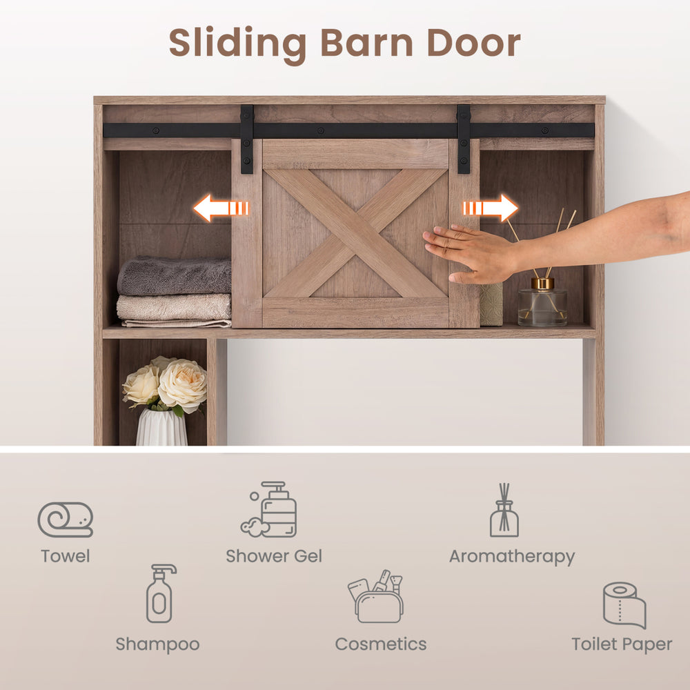 4-tier over-the-toilet storage cabinet with a sliding barn door in brown, ideal for bathroom organization and easy.
