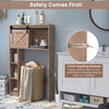 4-tier over-the-toilet storage cabinet in brown with sliding barn door and anti-tipping devices for secure use.