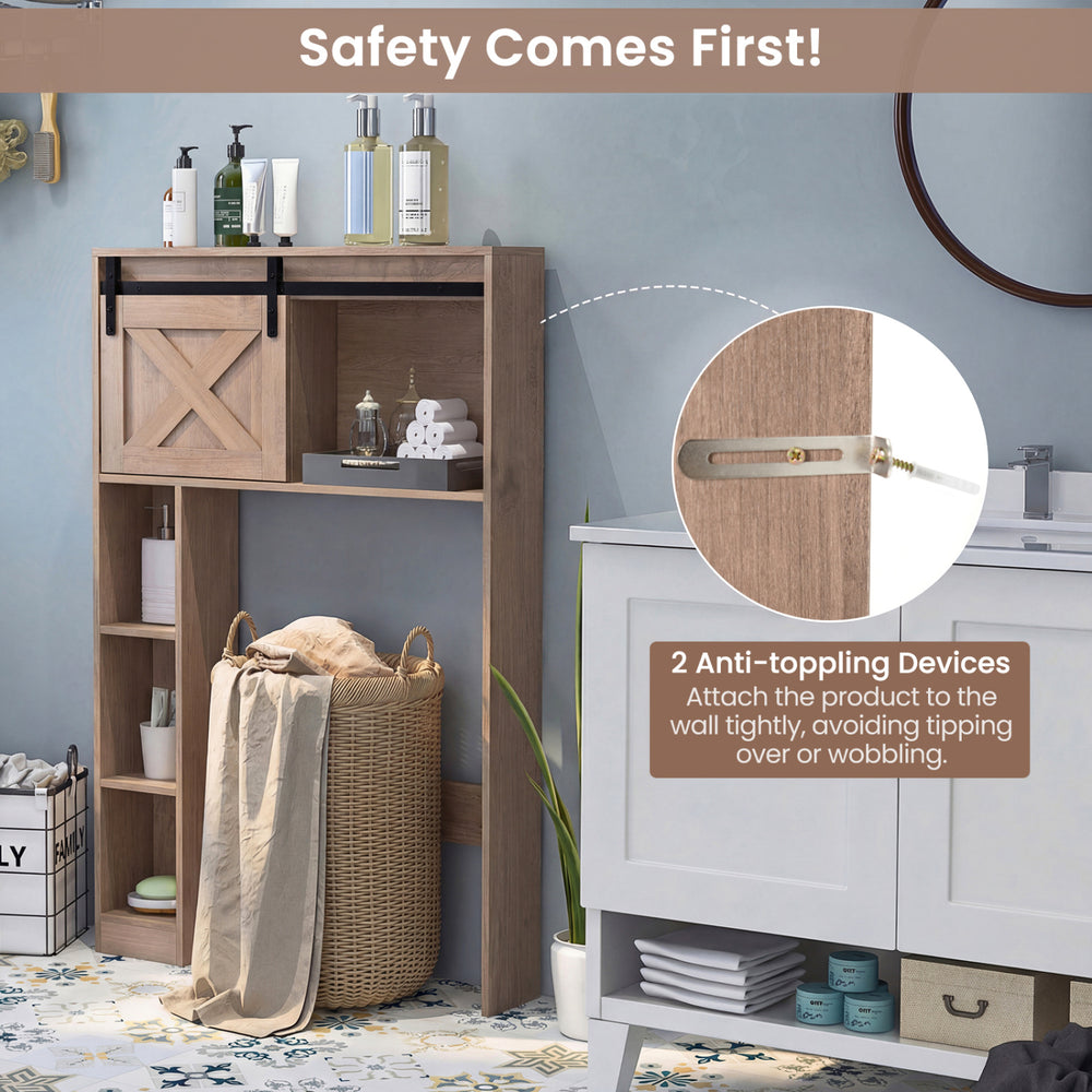 4-tier over-the-toilet storage cabinet in brown with sliding barn door and anti-tipping devices for secure use.