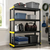 4-tier heavy-duty plastic storage shelf with adjustable feet, ideal for organizing tools and bins in garages or warehouses.