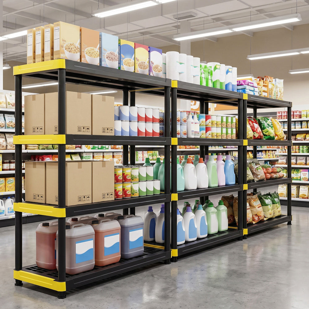 4-tier heavy-duty plastic storage shelf with adjustable feet, designed for versatile use in garages, kitchens, or warehouses.