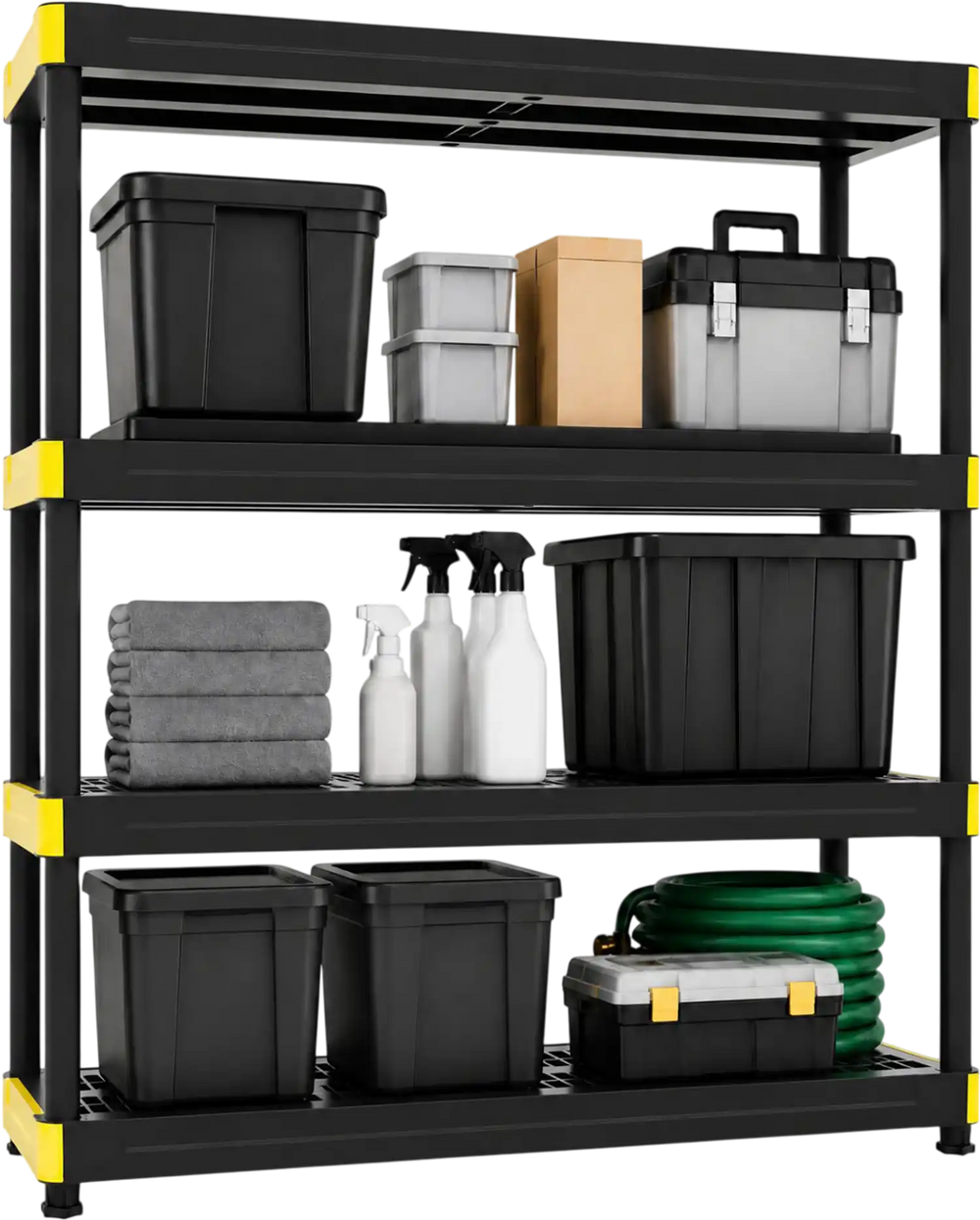 4-tier heavy-duty plastic storage shelf with adjustable feet, ideal for organizing tools and supplies in garages or warehouses.