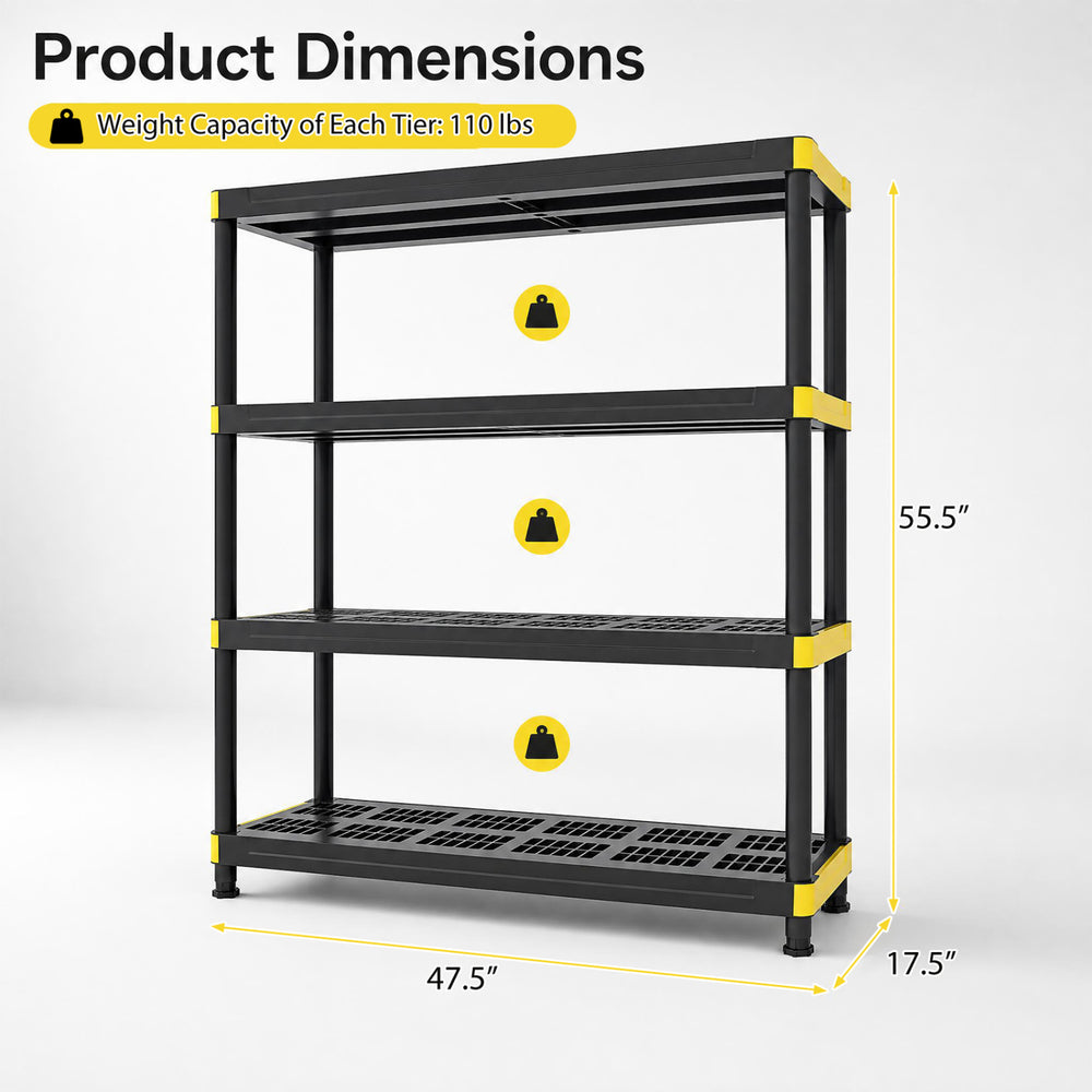 4-tier heavy-duty plastic storage shelf with a 110 lbs capacity per tier, ideal for garage or warehouse organization.