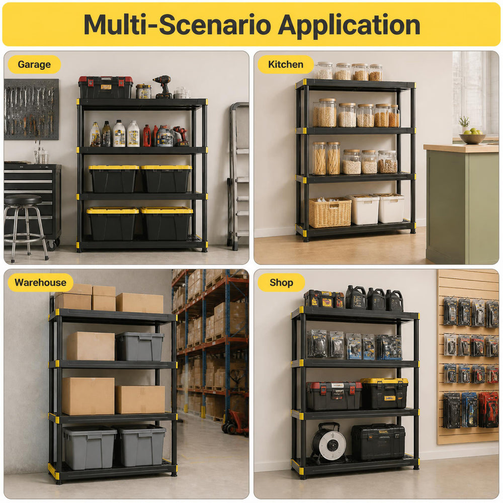 4-tier heavy-duty plastic storage shelf with adjustable feet, ideal for organizing tools and supplies in garages or warehouses.