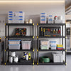 4-tier black plastic storage shelf showcasing various tools and bins, ideal for efficient organization in garages or workshops.