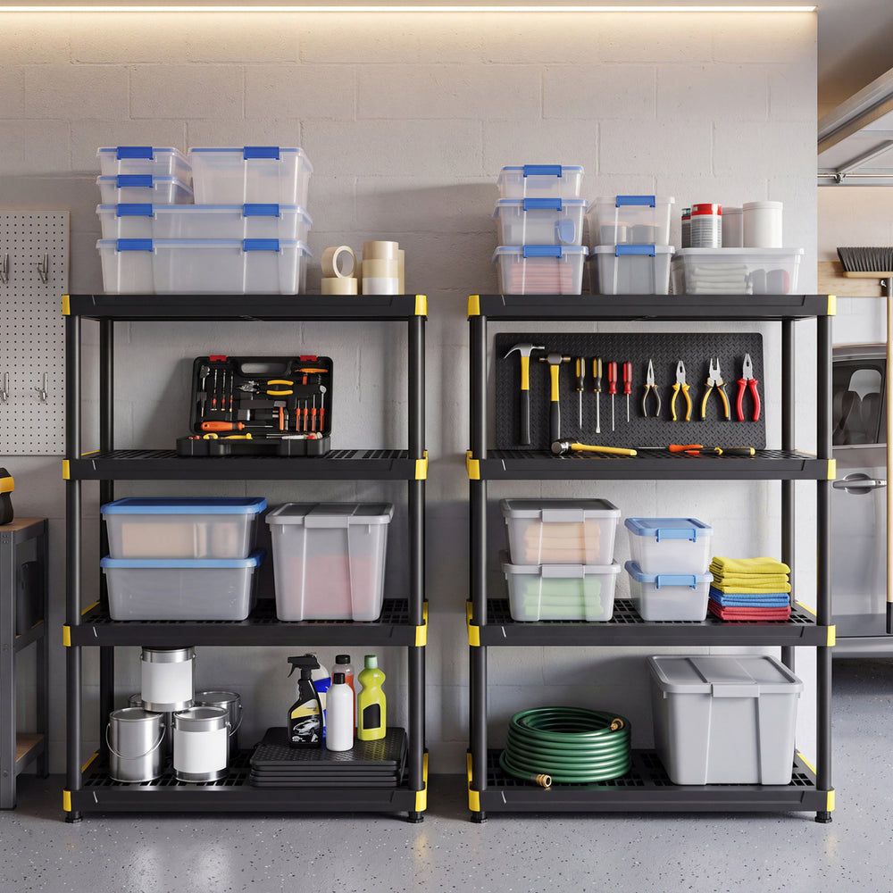 4-tier black plastic storage shelf showcasing various tools and bins, ideal for efficient organization in garages or workshops.