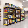 Four-tier heavy-duty plastic storage shelf in black, ideal for organizing tools and supplies in garages or warehouses.