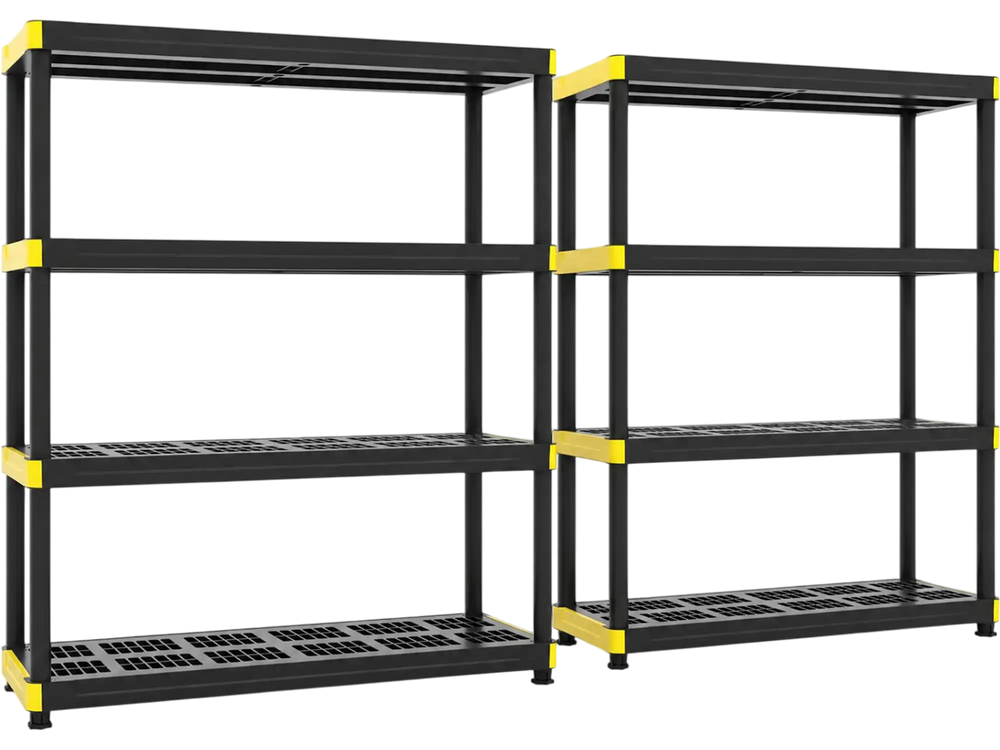 Heavy-duty 4-tier plastic storage shelves in black, ideal for organizing tools and supplies in garages or warehouses.