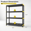 4-tier heavy-duty plastic storage shelf in black, with 110 lbs capacity per shelf, ideal for garage or warehouse use.