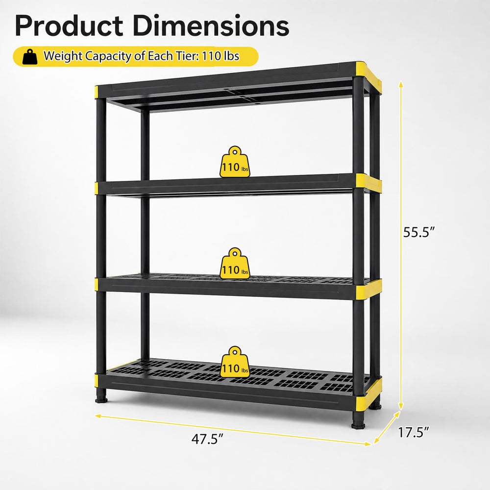 4-tier heavy-duty plastic storage shelf in black, with 110 lbs capacity per shelf, ideal for garage or warehouse use.