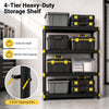 Four-tier heavy-duty plastic storage shelf in black, holding up to 110 lbs per shelf, ideal for garage and warehouse organization.