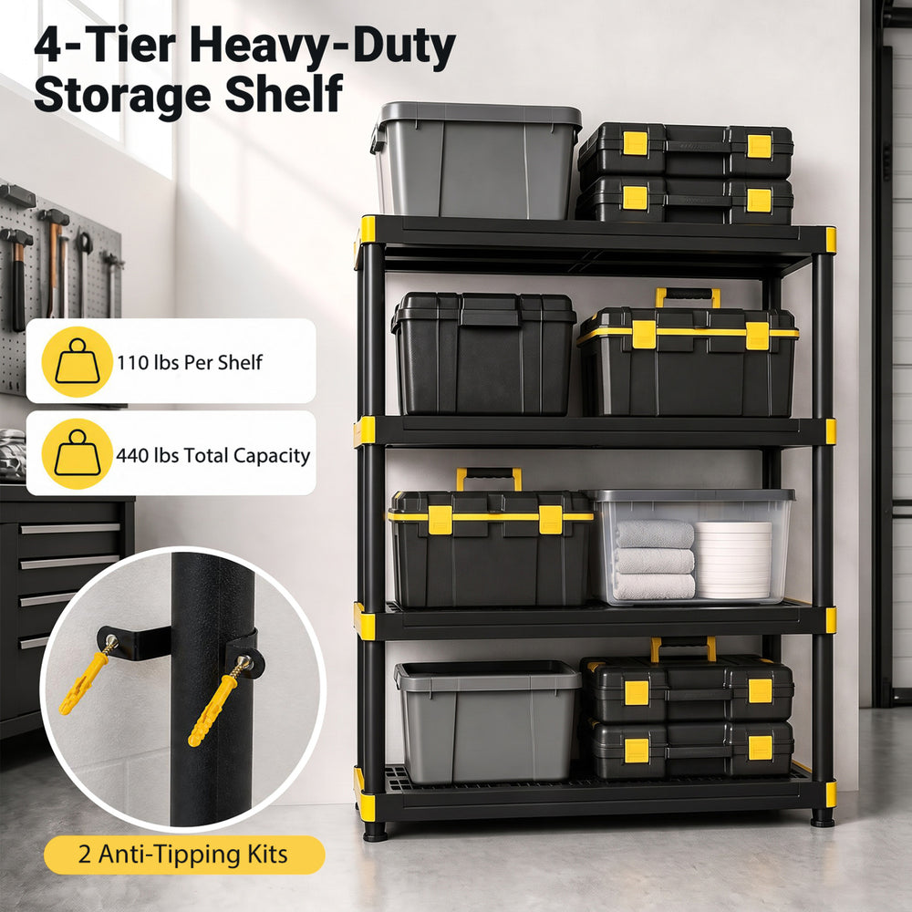 Four-tier heavy-duty plastic storage shelf in black, holding up to 110 lbs per shelf, ideal for garage and warehouse organization.