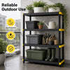 Four-tier black plastic storage shelf with heavy-duty capacity, waterproof design, ideal for garage or outdoor use.