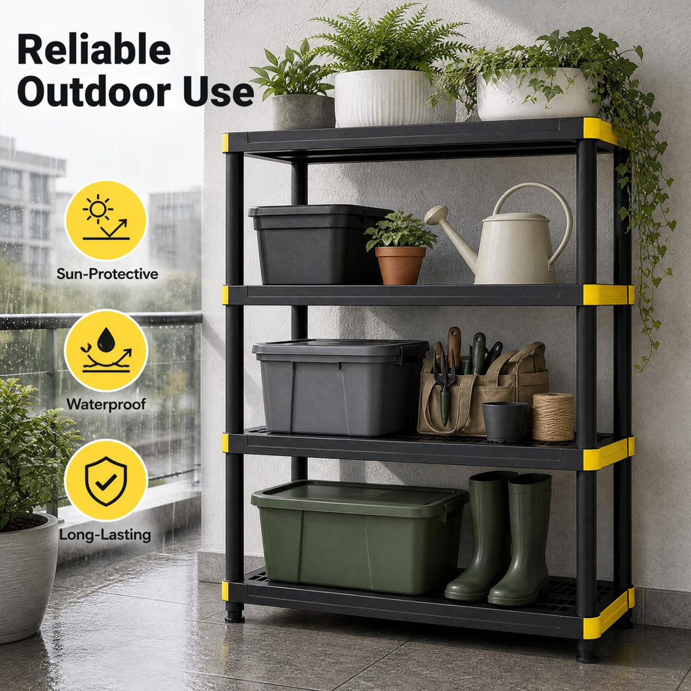 Four-tier black plastic storage shelf with heavy-duty capacity, waterproof design, ideal for garage or outdoor use.