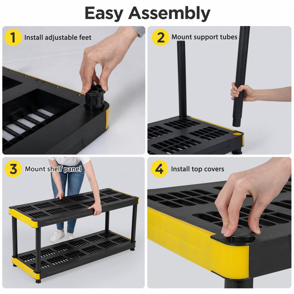 4-tier heavy-duty plastic storage shelf with adjustable feet, designed for versatile use in garages or warehouses.