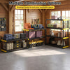 4-tier heavy-duty plastic storage shelf set in black, ideal for organizing tools and supplies in garages or warehouses.