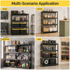 4-tier heavy-duty plastic storage shelf in black, perfect for organizing tools and supplies in garages, kitchens, or warehouses.