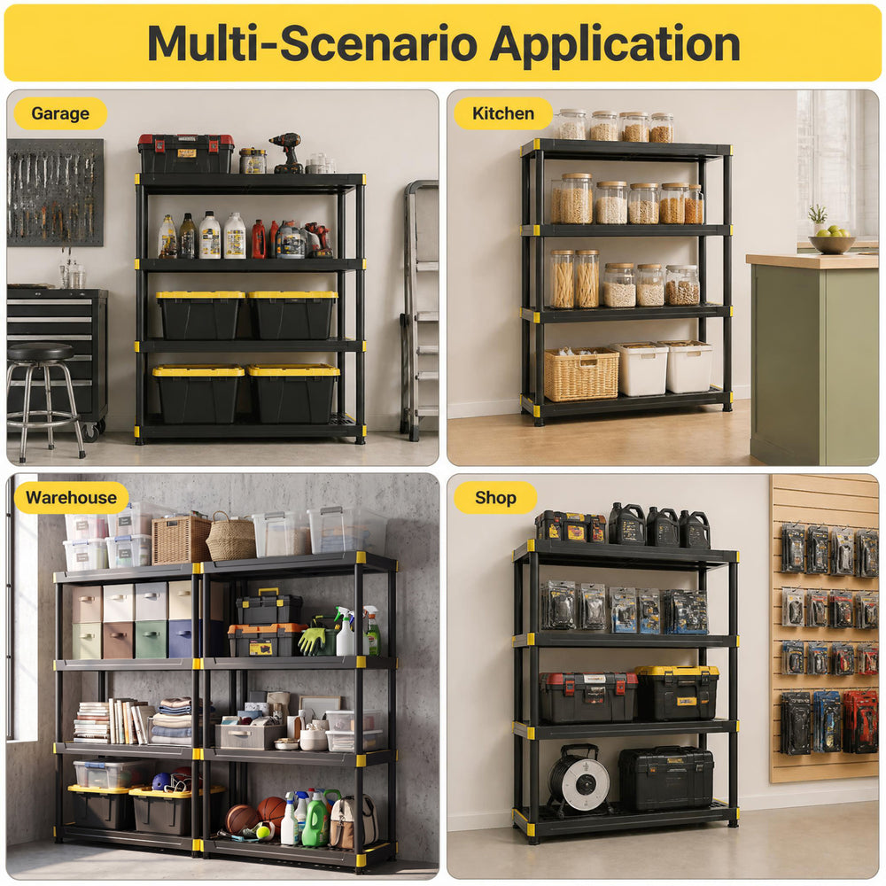 4-tier heavy-duty plastic storage shelf in black, perfect for organizing tools and supplies in garages, kitchens, or warehouses.