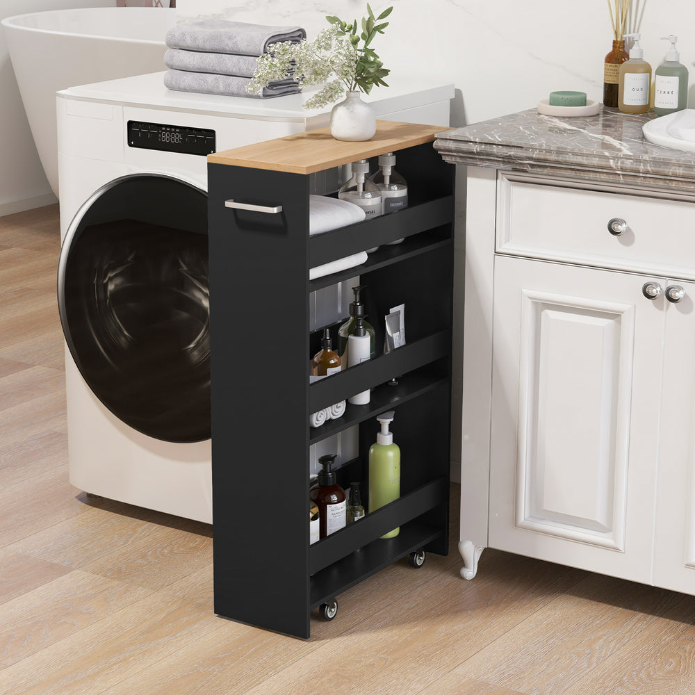 4-Tier Rolling Storage Cart Slim Kitchen Cart on Wheels with Open Shelves and Handle-Black - Gallery View 1 of 10