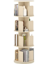 4-tier rotating bookshelf in natural finish with dividers, offering 360° display and ample storage for books and decor.