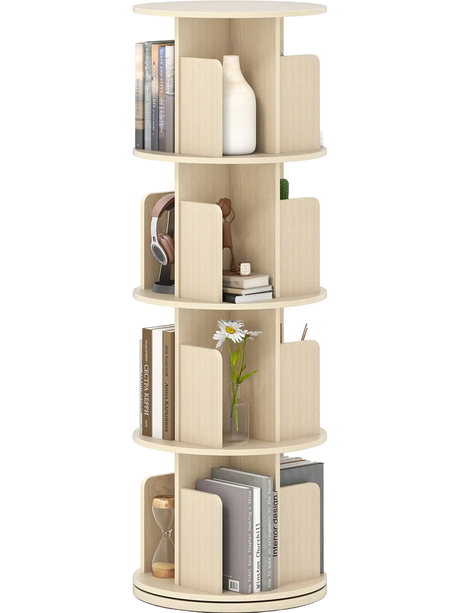 Costway 4-Tier 360° Rotating Bookshelf Display Rack w/ Dividers Anti-Falling Baffles 96528101 New