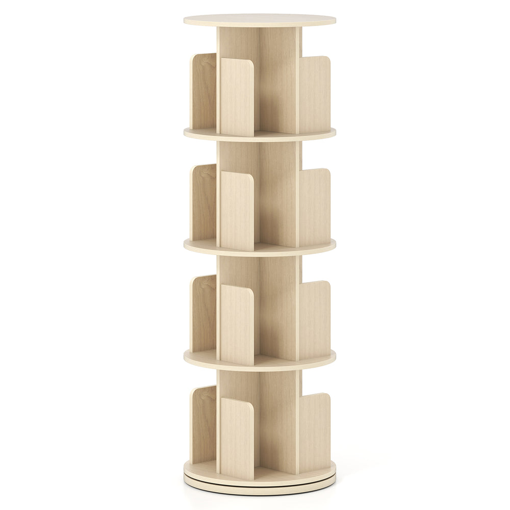 4-tier rotating bookshelf in natural finish with dividers and anti-falling baffles for organized storage and easy.