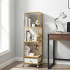 4-tier rotating bookshelf on wheels with a removable drawer, featuring a heavy-duty metal frame and spacious open shelves.