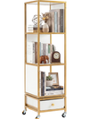4-tier rotating bookshelf on wheels features spacious shelves, a removable drawer, and a sturdy metal frame for easy organization.