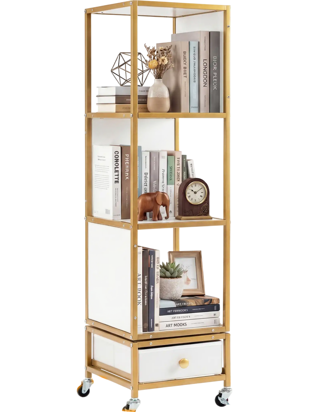 4-tier rotating bookshelf on wheels features spacious shelves, a removable drawer, and a sturdy metal frame for easy organization.